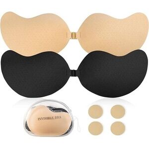 2 Pair Sticky Adhesive Bra Set Black Beige Strapless Backless Push Up with Case